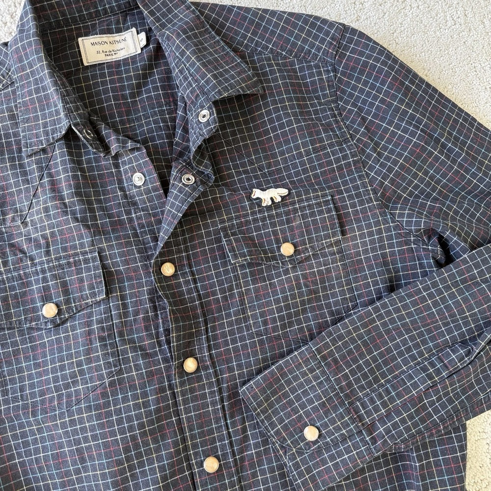 Maison Kitsuné Fox Logo Plaid Button Shirt Men's S Navy Cotton Portugal $298